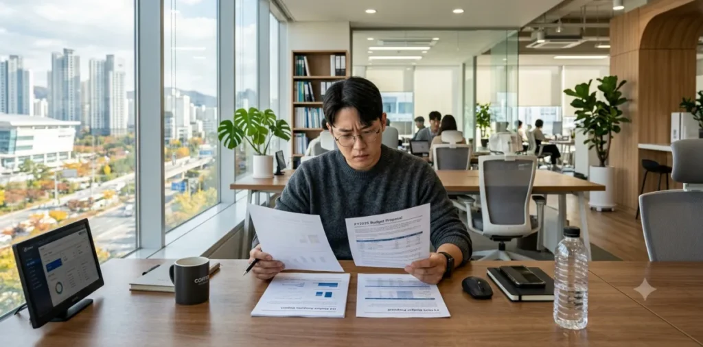 부지원 대출 사기 피해를 막으려고 진짜와 가짜 안내문을 심각하게 비교하는 모습