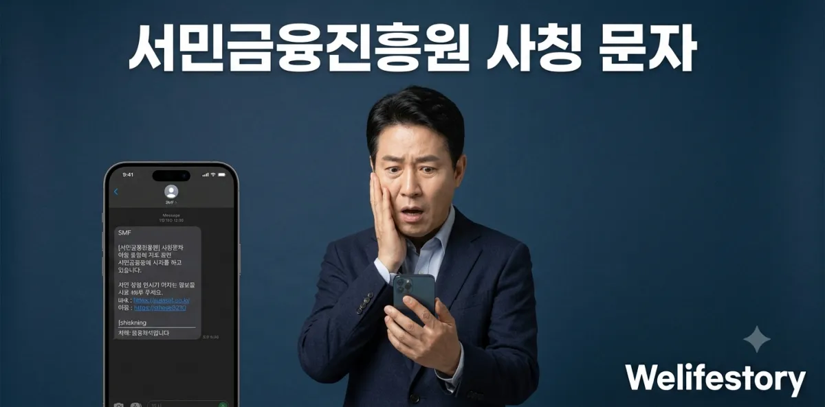 서민금융진흥원 사칭 문자를 받고 깜짝 놀라며 스마트폰을 바라보는 남성의 모습
