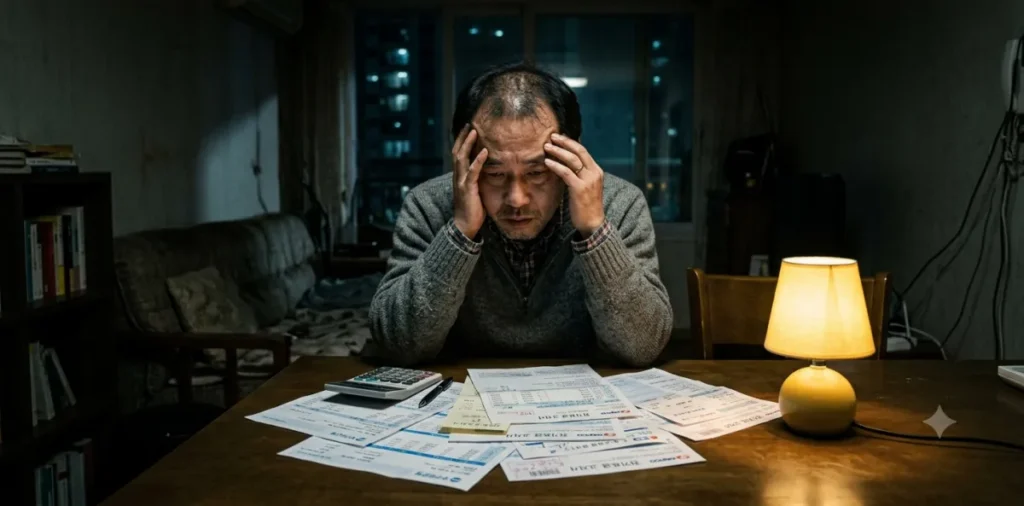 20% 초과 고금리 채무의 이자 납부 고지서를 보며 깊은 한숨을 쉬고 있는 장면