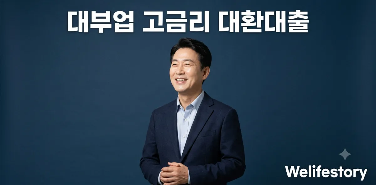 대부업 고금리 대환대출 정책 정보를 확인하고 환하게 웃고 있는 남성의 모습