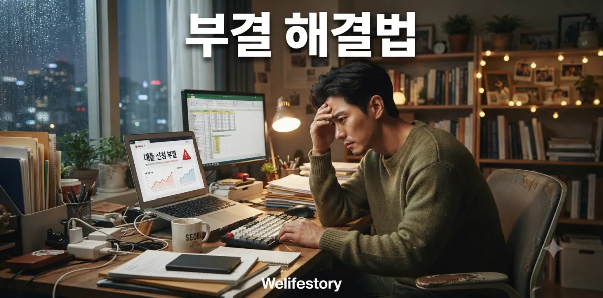 서민금융진흥원 맞춤대출 부결 통보를 받고 노트북을 보며 고민하는 남성의 모습