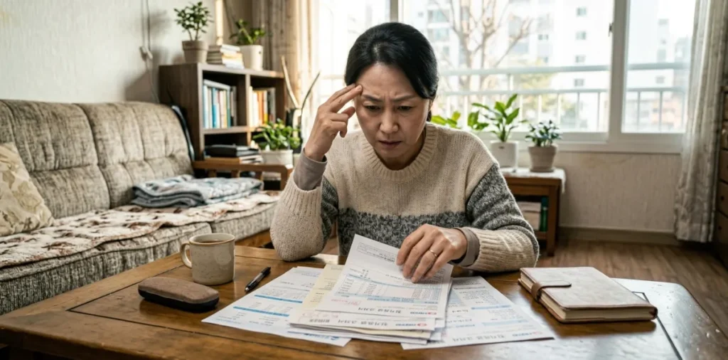 서민금융진흥원 금융교육 포털: 대출 필수 이수 조건 수강법 3 대출 필수 이수 조건 서류를 읽으며 내용을 이해하려고 진지하게 고민하는 여성의 모습