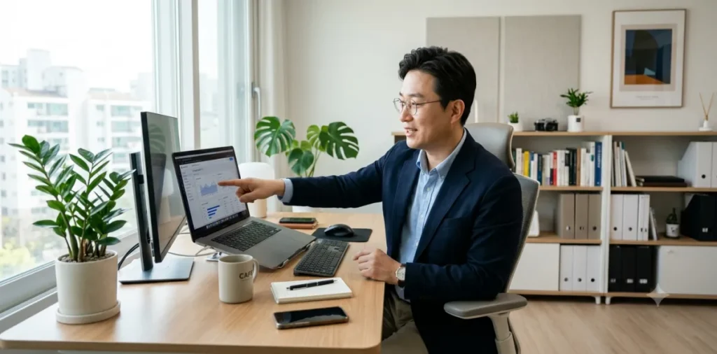 서민금융진흥원 금융교육 포털: 대출 필수 이수 조건 수강법 4 노트북 화면의 햇살론 유스 교육 목록을 손가락으로 가리키며 꼼꼼하게 살펴보는 장면