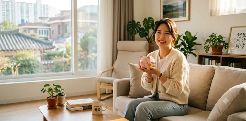 서민금융진흥원 금융교육 포털: 대출 필수 이수 조건 수강법 7 정책 대출 우대금리 교육 혜택으로 이자를 절감해 저금통을 안고 행복하게 웃는 모습