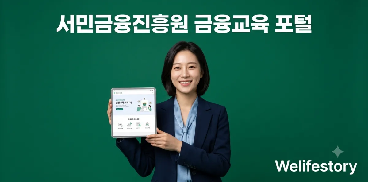 서민금융진흥원 금융교육 포털: 대출 필수 이수 조건 수강법 1 서민금융진흥원 금융교육 포털에 접속하여 태블릿을 보며 밝게 웃고 있는 여성 모습