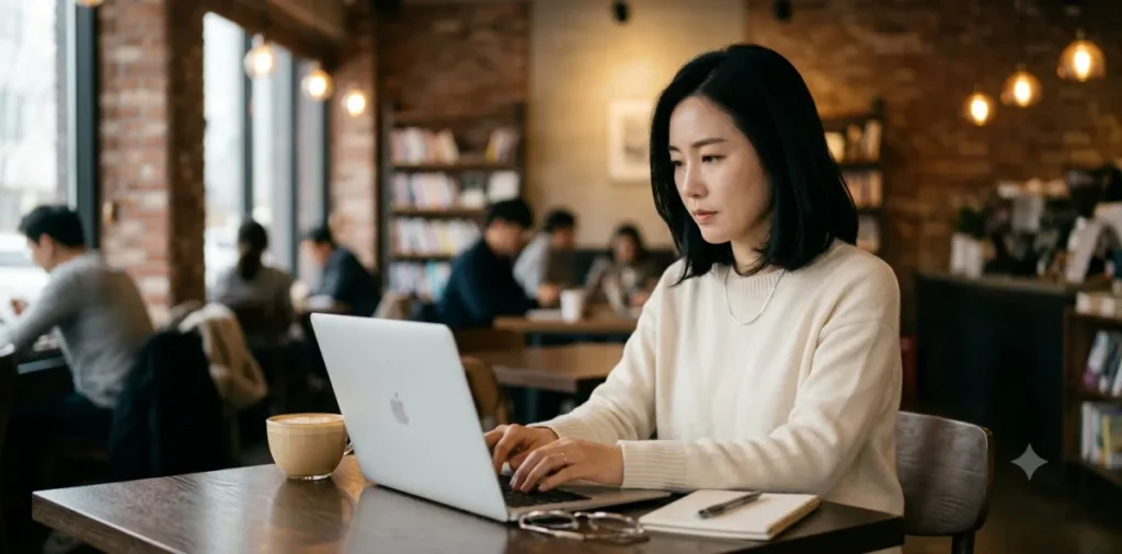소액생계비대출 신청 조건 당일 100만원 비대면 앱 승인 팁 5 카페에서 서민금융진흥원 맞춤대출 전용 앱으로 심사를 접수 중인 여성 모습