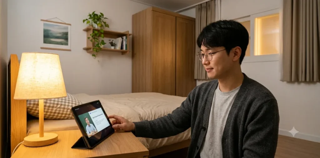 소액생계비대출 신청 조건 당일 100만원 비대면 앱 승인 팁 6 방 안에서 무직자 소액생계비대출 금리 인하 혜택을 위해 교육 영상을 보고 있는 남성