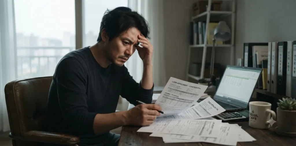 자영업자 무보증 대출 신청을 위해 집에서 서류를 꼼꼼하게 검토하는 남성의 모습