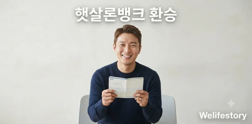 햇살론 뱅크 신청 조건 확인 후 환승에 성공하여 밝게 웃는 남성의 모습