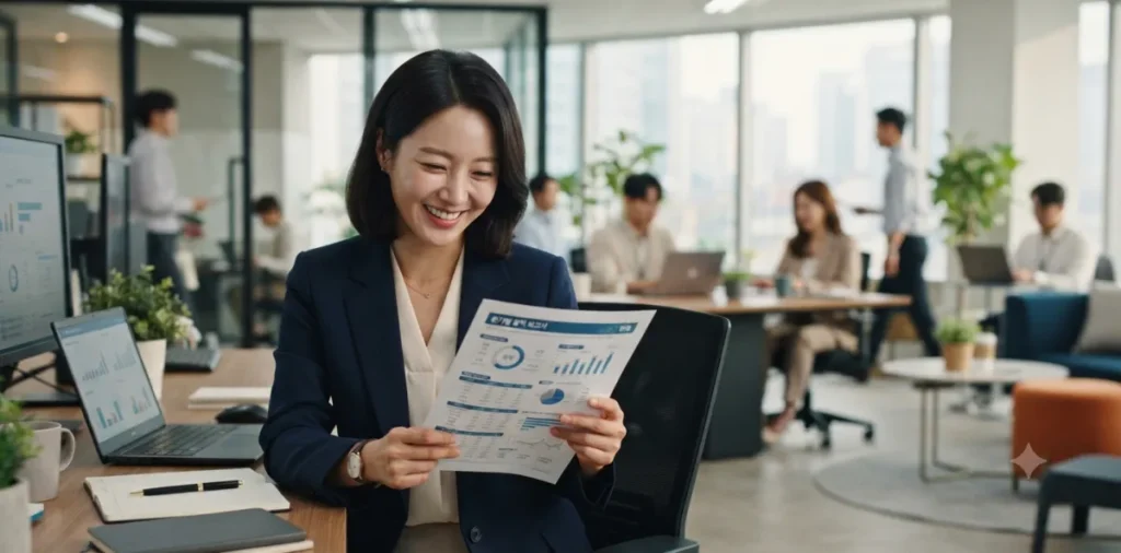 1금융권 대환 대출 자격을 꼼꼼하게 알아보고 안도하며 서류를 보는 장면