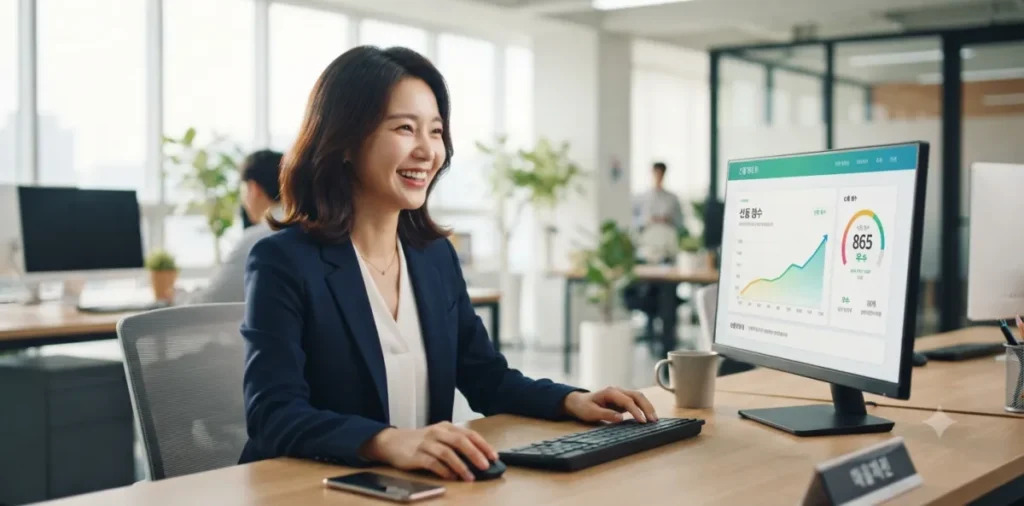 햇살론 우수 상환자 혜택을 받기 위해 사무실에서 신용점수 그래프를 보는 모습