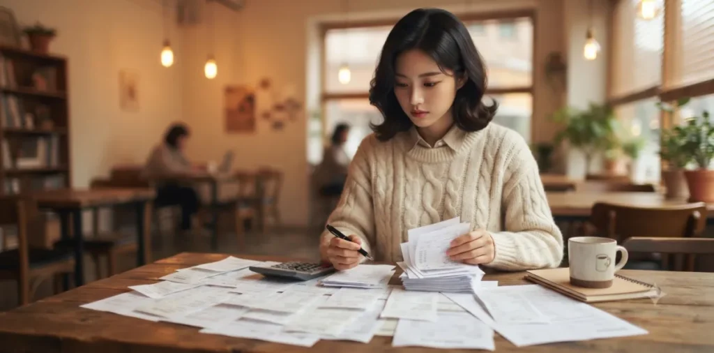 카페 테이블에서 4대보험 미가입자 대출 승인에 필요한 서류를 챙기는 여성의 모습