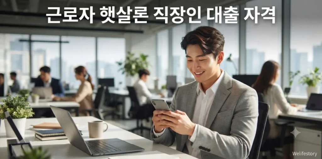 사무실에서 스마트폰으로 근로자 햇살론 직장인 대출 자격 요건을 확인하는 모습
