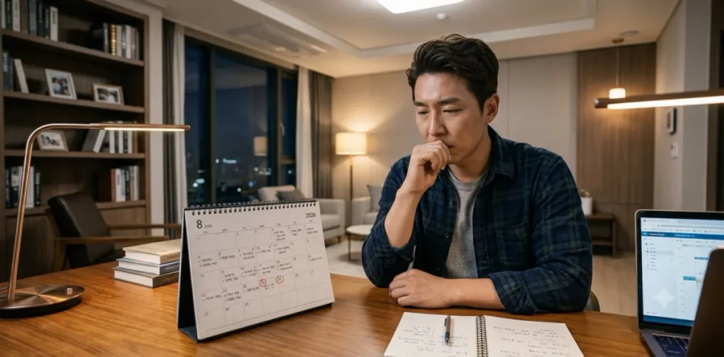 달력을 보면서 국취제 조기취업수당 조건에 맞는 정확한 취업 일자를 계산하는 장면