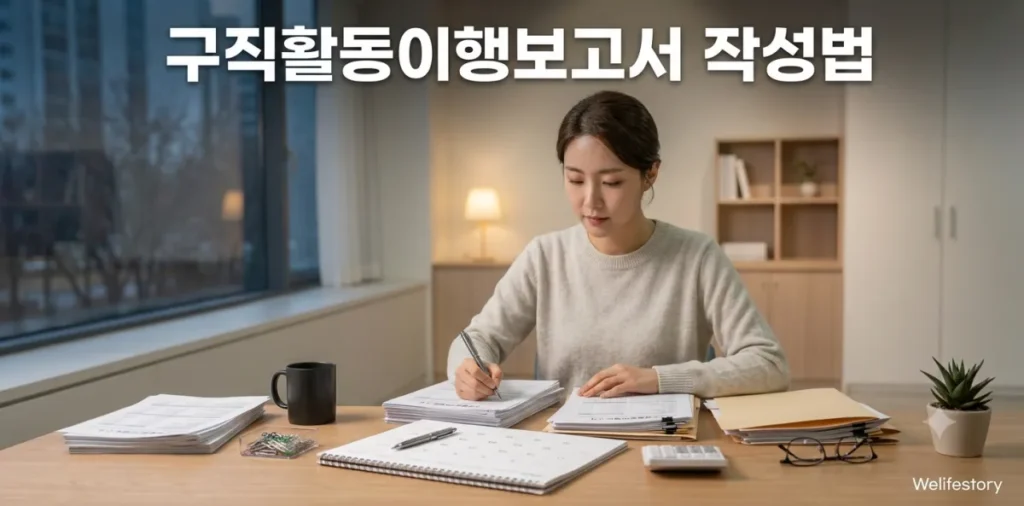 국민취업지원제도 구직활동이행보고서 작성을 위해 서류를 꼼꼼히 확인하는 모습