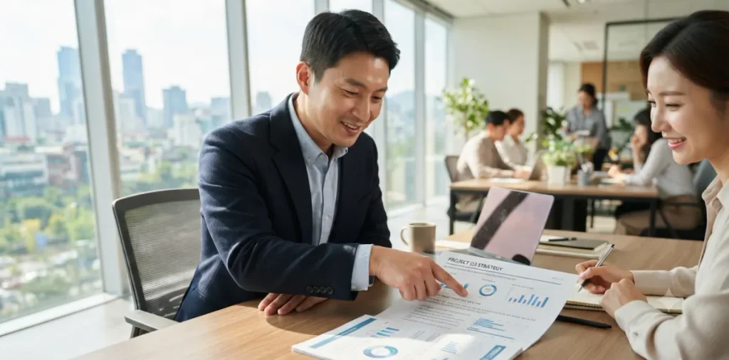 직장인이 수당 지급 자격이 되는지 서류의 세부 항목을 손가락으로 가리키는 장면
