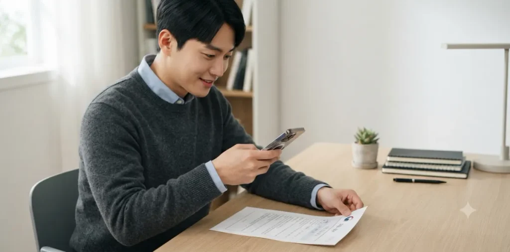 국취제 사후관리 기간에 맞추어 필수 증빙 서류를 스마트폰 카메라로 스캔하는 장면