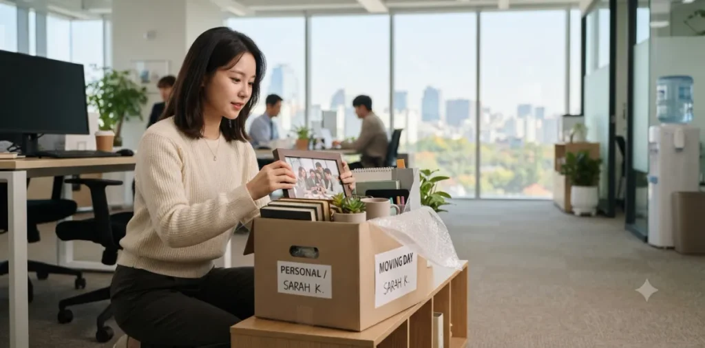 부득이하게 이직을 준비하며 다음 직장과의 1년 근속 연계를 위해 짐을 정리하는 장면