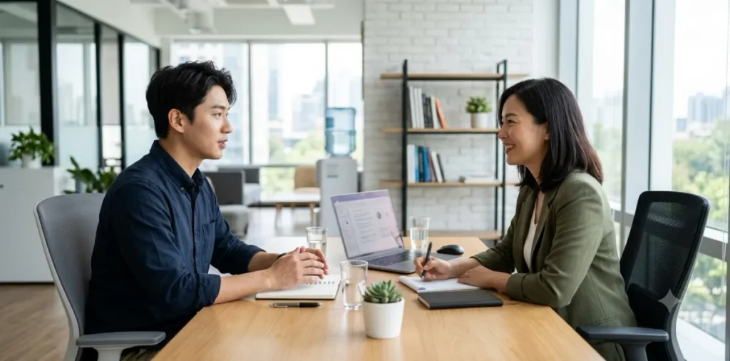 국민취업지원제도 내일배움카드 중복 참여 방법 및 연계 혜택 3 구직자가 창구에서 고용센터 상담사 훈련 연계 과정을 진지하게 상의하는 장면