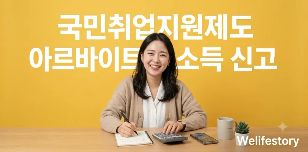 구직자가 국민취업지원제도 아르바이트 소득 신고 규정을 꼼꼼하게 확인하는 장면