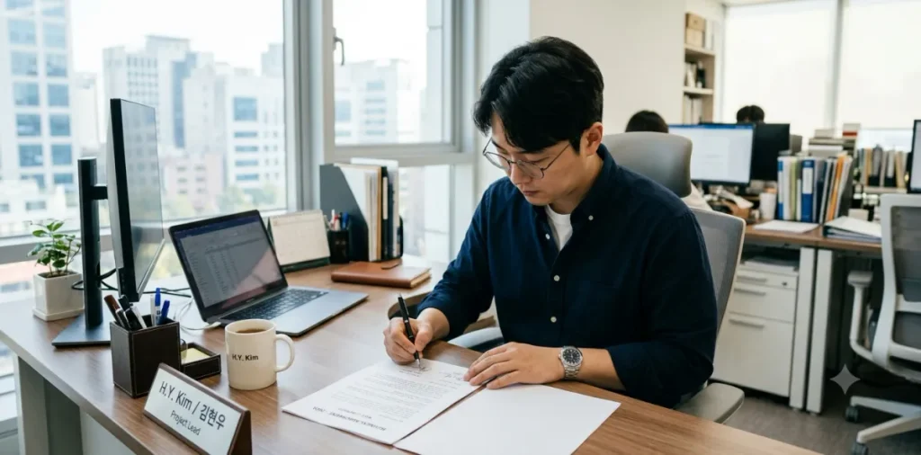 단기 근로 후 국취제 알바 4대보험 가입 내역을 서류에 직접 기록하는 장면