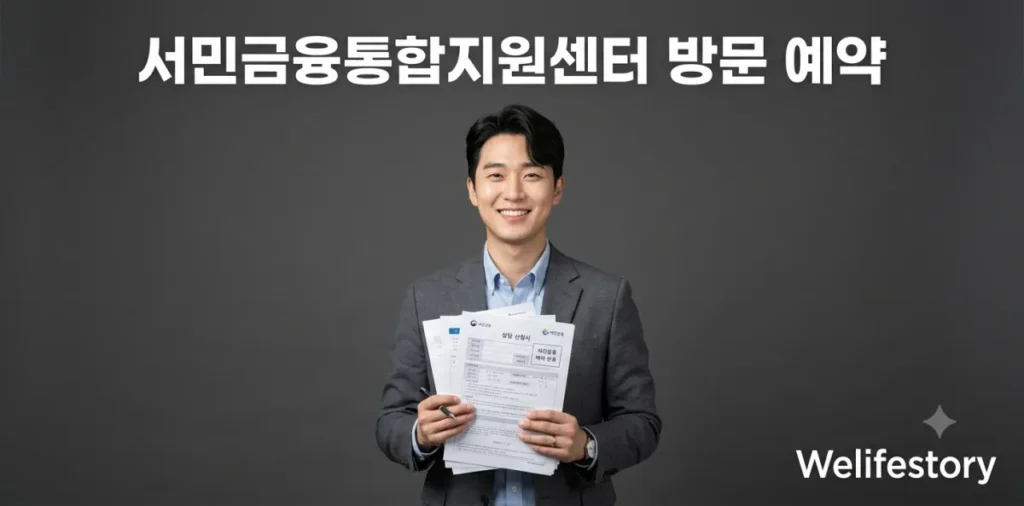 서민금융통합지원센터 방문 예약을 마치고 서류를 들며 미소 짓는 남성의 모습