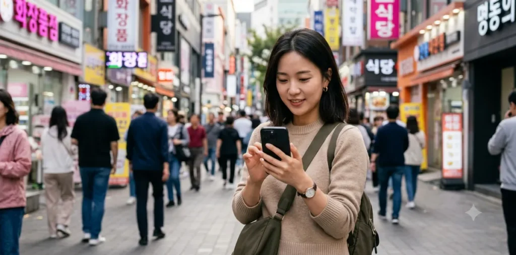 대면 상담을 받기 위해 휴대폰으로 서민금융진흥원 센터 위치를 검색하는 여성