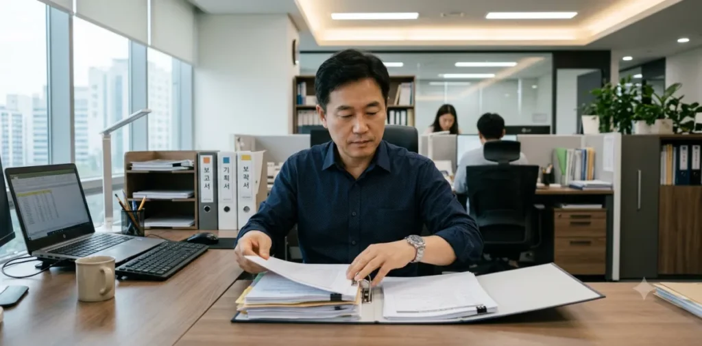 대출 상담 필수 서류 항목을 꼼꼼하게 점검하며 책상 위에 정리하고 있는 남성 모습
