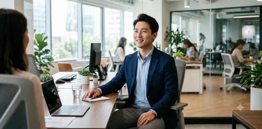 맞춤대출 대면 상담 창구에 앉아 전문가의 조언을 들으며 안도하고 있는 남성의 모습