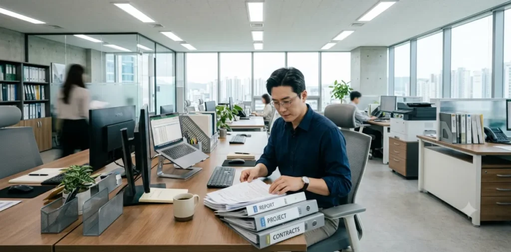 올바른 취업 지원금 수령 방법을 파악한 후 책상에서 필요 서류를 챙기는 남성 모습
