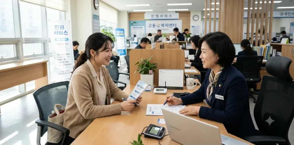 필수 고용센터 방문 상담 서류 지참을 마치고 창구 직원에게 조언을 듣는 여성