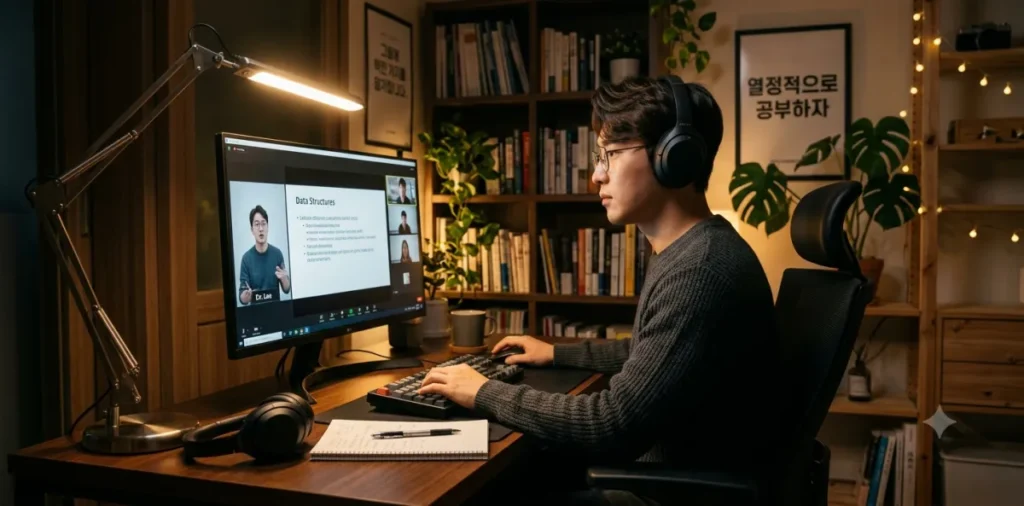 수준 높은 국비지원 무료 교육 과정을 이수하려고 모니터 앞에서 집중하는 장면