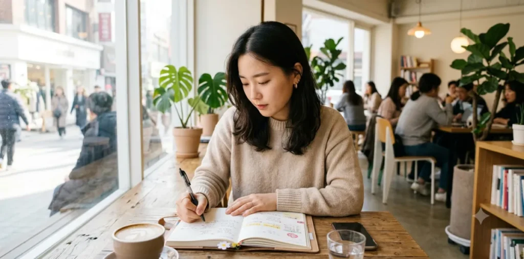 매월 제출해야 하는 구직활동이행보고서 작성 의무를 꼼꼼하게 처리하는 여성의 모습