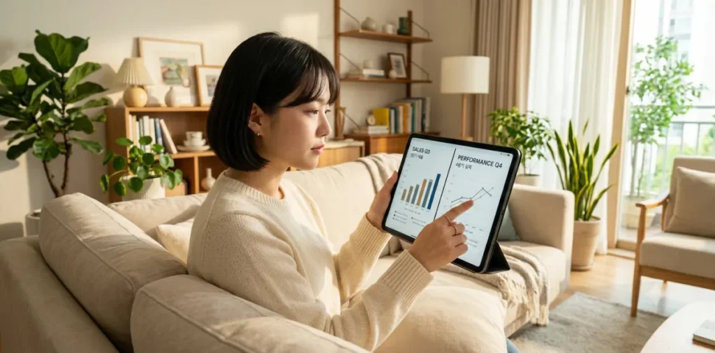 국민취업지원제도 1유형 2유형 차이, 자격조건과 지원금 정리 4 국취제 1유형과 2유형 지원 혜택 비교표를 태블릿 화면으로 자세하게 살펴보는 모습