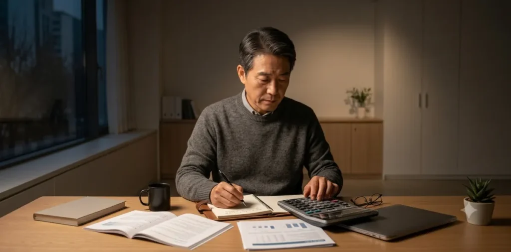 국민취업지원제도 1유형 2유형 차이, 자격조건과 지원금 정리 5 자격 조건인 가구 단위 소득 및 재산 기준을 계산기와 메모장으로 확인하는 모습