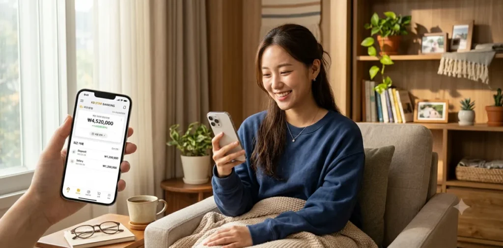 국민취업지원제도 1유형 2유형 차이, 자격조건과 지원금 정리 6 구직촉진수당 오십만 원이 입금된 내역을 스마트폰 뱅킹 앱으로 확인하며 웃는 모습