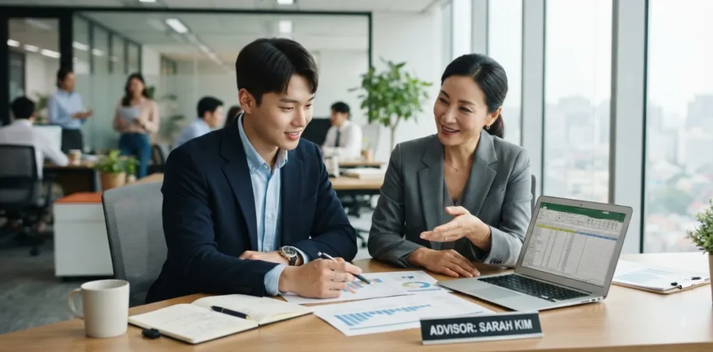 직업 훈련 학원에 방문해서 지원금 한도 300만원 혜택에 대해 상담받는 모습