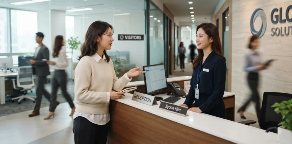 재직중인 알바생이 교육비 지원을 받을 수 있는지 안내 데스크에서 질문하는 모습