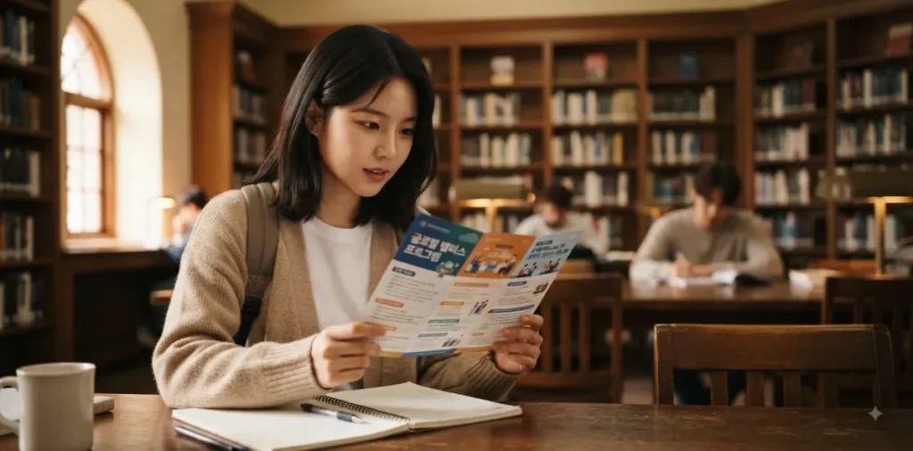 바뀐 대학생 내일배움카드 발급 기준에 부합하는지 팸플릿을 읽어보며 확인하는 모습