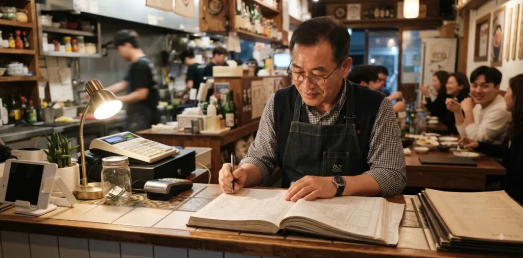 상인이 자영업자 내일배움카드 조건 충족을 위해 연매출 장부를 꼼꼼히 살피는 모습