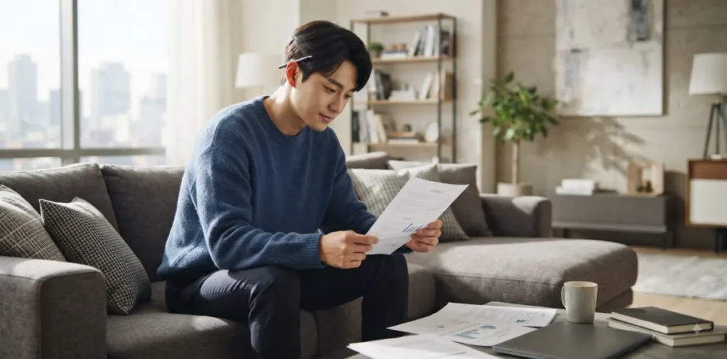 내일배움카드 제외 대상 직업군에 속하는지 안내 책자의 규정을 꼼꼼히 점검하는 모습