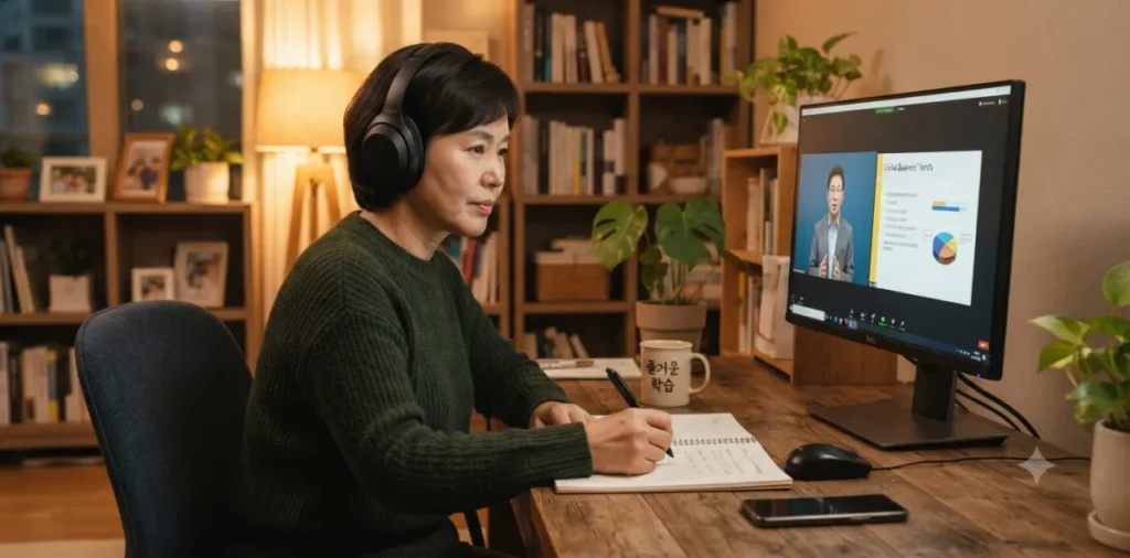 국민내일배움카드 신청 방법 및 HRD-Net 국비지원 수강 팁 4 집에서 컴퓨터 모니터를 보며 HRD-Net 온라인 동영상 교육 수강하는 장면