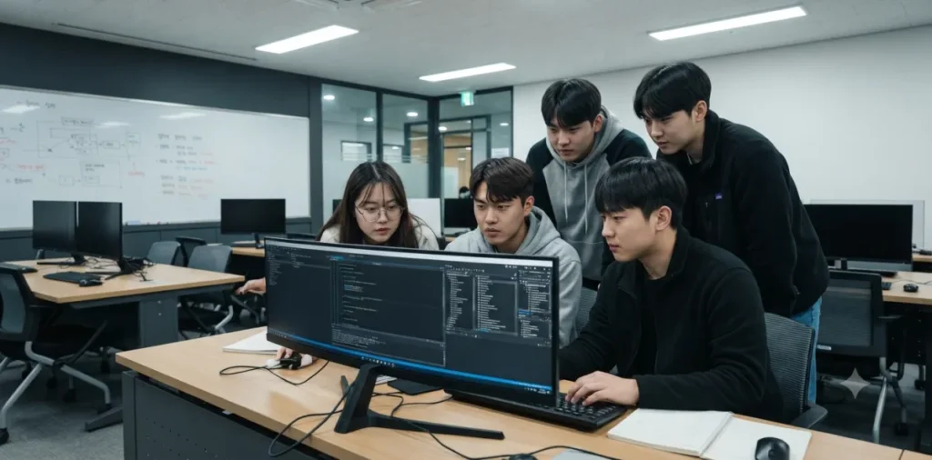 국민내일배움카드 신청 방법 및 HRD-Net 국비지원 수강 팁 6 컴퓨터 학원 강의실에 모여 내일배움카드 수료 기준을 충족하기 위해 학습하는 장면