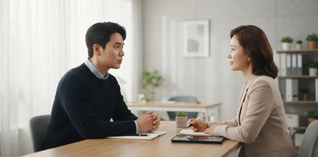 직장내 괴롭힘 자진퇴사 인정을 받기 위해 전문 상담사와 피해 사실을 의논하는 장면