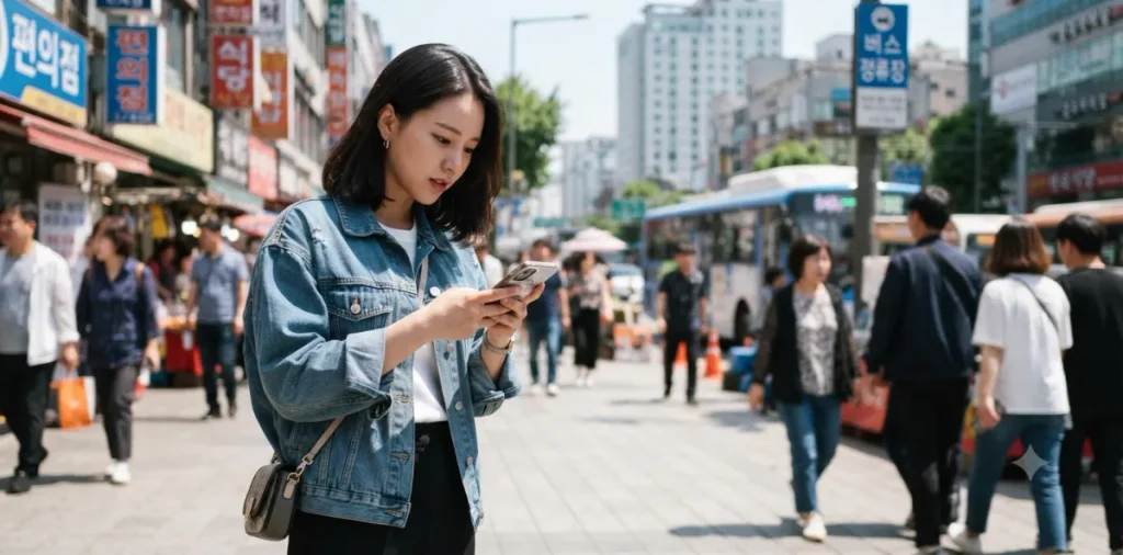 이사 후 통근거리 실업급여 요건에 맞는지 폰으로 지하철 이동 시간을 확인하는 장면