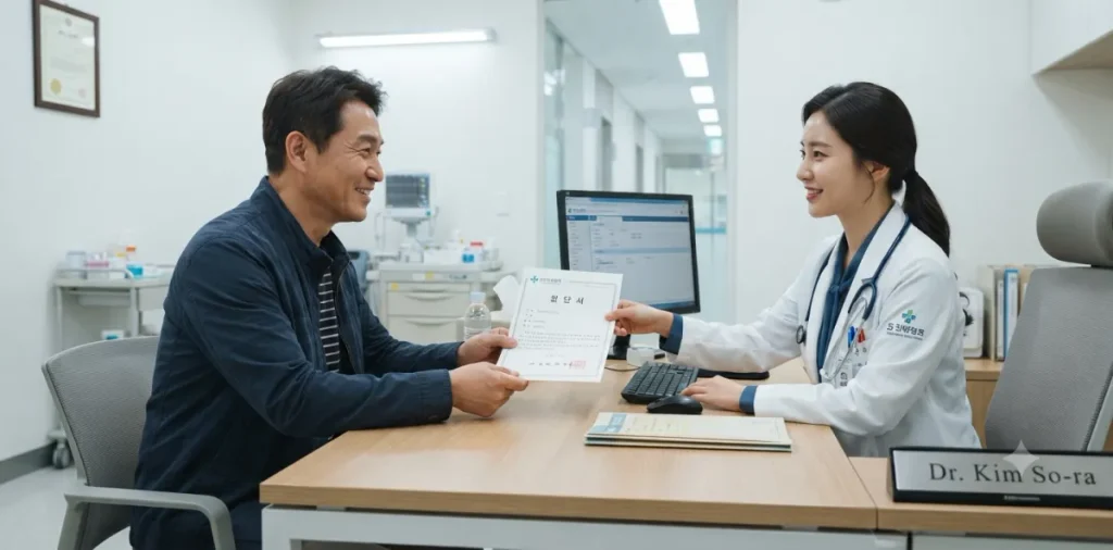 질병 퇴사 실업급여 요건 증빙차 진료실 의사에게 필수 진단서를 직접 건네받는 장면