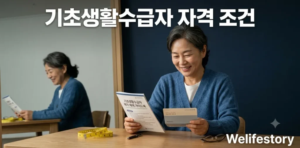 기초생활수급자 자격 조건 및 4대 급여 혜택 신청 방법 2 책상에서 기초생활수급자 자격 조건 안내서와 통장을 함께 펼쳐보며 안심 하는 모습