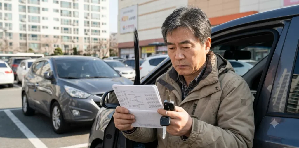 기초생활수급자 자격 조건 및 4대 급여 혜택 신청 방법 5 주차된 승용차 앞에서 기초생활수급자 재산 기준 자동차 가액과 통장을 살피는 모습