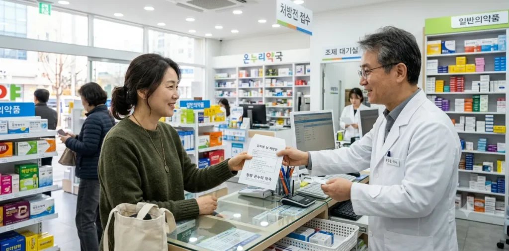 기초생활수급자 자격 조건 및 4대 급여 혜택 신청 방법 6 약국 창구에서 기초생활수급자 4대 급여 혜택으로 할인된 약봉투를 건네받는 모습