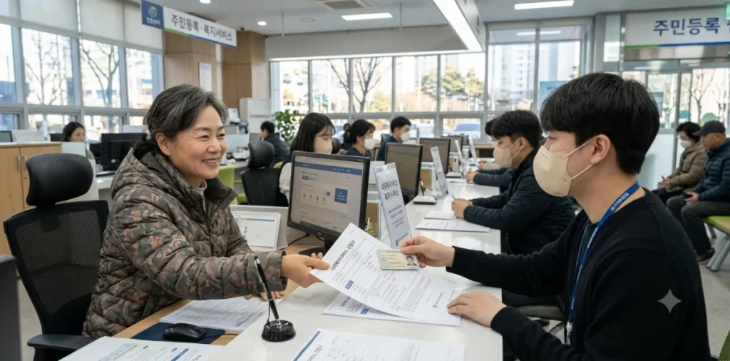 기초생활수급자 자격 조건 및 4대 급여 혜택 신청 방법 8 행정복지센터 민원대에서 기초생활수급자 신청 방법에 맞춰 신분증을 제출하는 모습